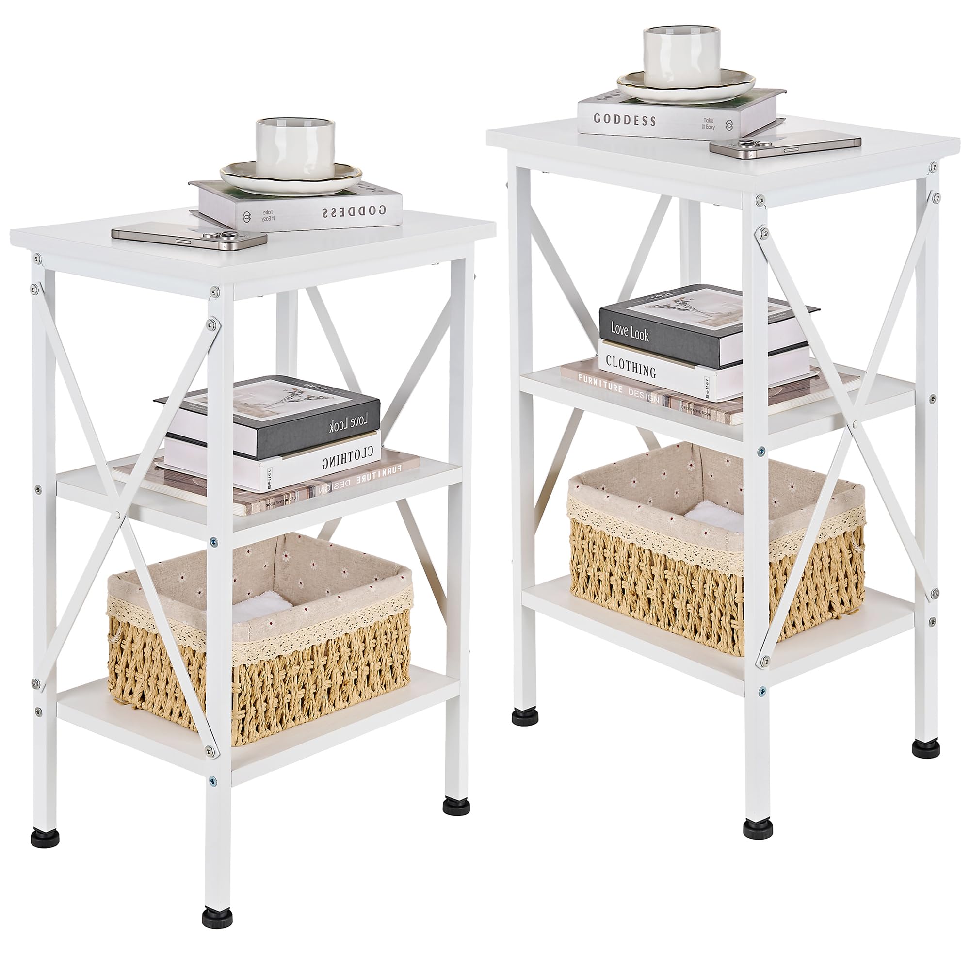VECELO End Table Set of 2, Bedside Table, 24" Tall Living Room End Tables, X-Design Reinforced Nightstands, Side Table with 3-Tier Storage Shelves for Small Spaces, Office, Bedroom, Pearl White Image VECELO End Table Set of 2, Bedside Table, 24" Tall Living Room End Tables, X-Design Reinforced Nightstands, Side Table with 3-Tier Storage Shelves for Small Spaces, Office, Bedroom, Pearl White Image