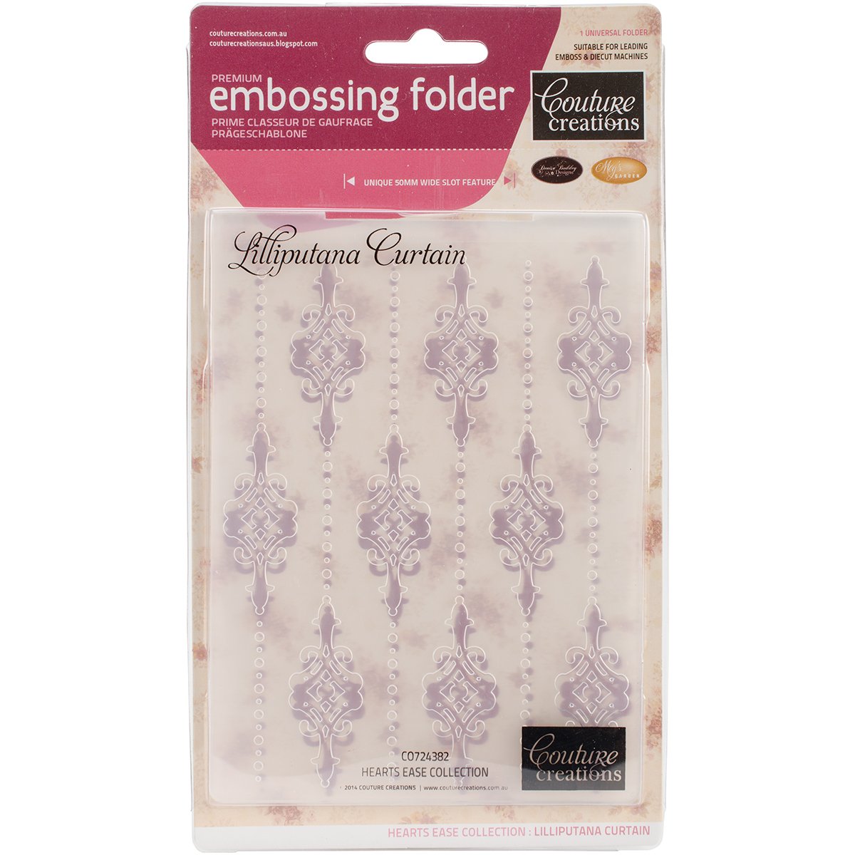 Couture Creations "Lilliputana Curtain" Hearts Ease Embossing Folder, Transparent, A2