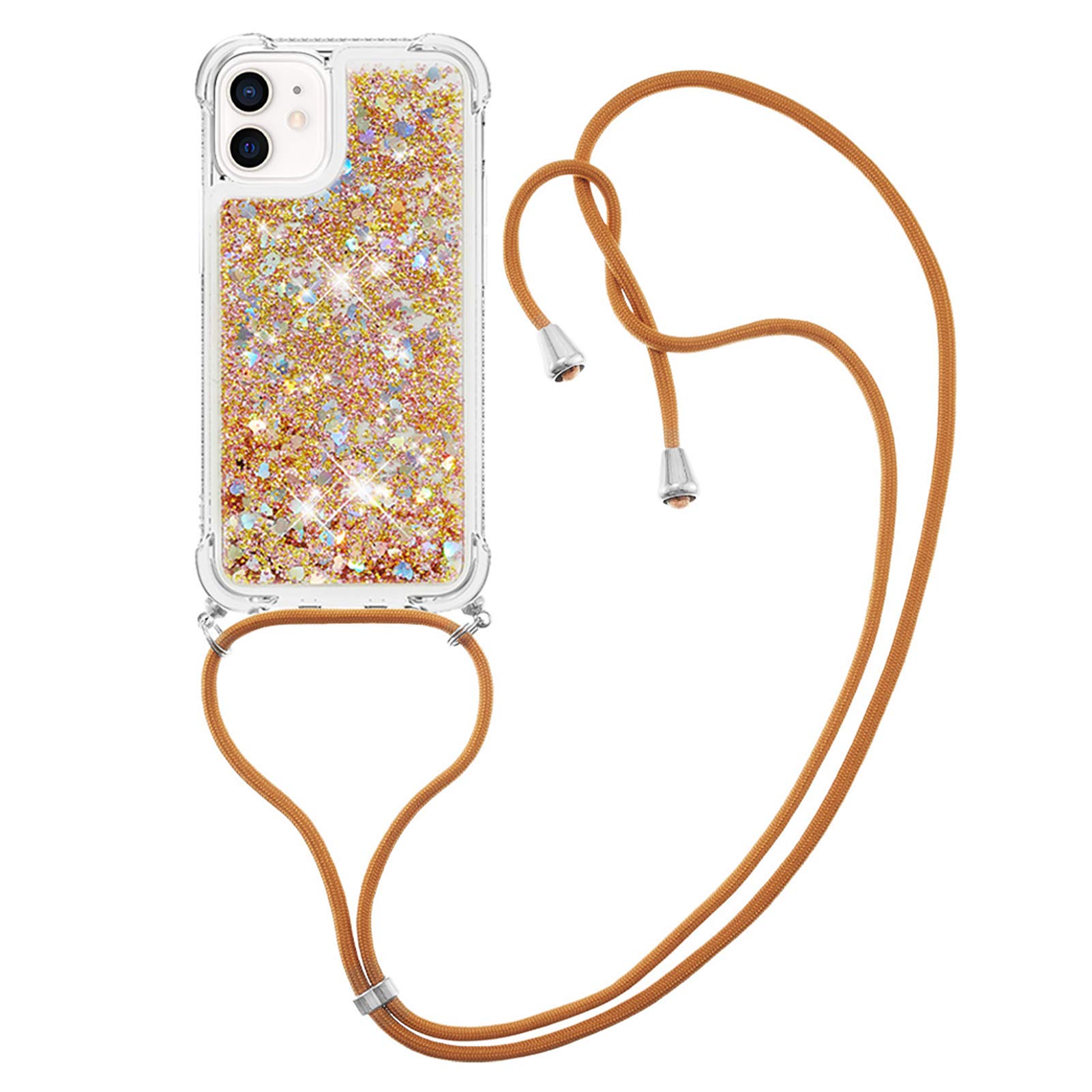 MRSTER Lanyard Phone Case for iPhone 12 Pro Max, Bling Glitter Quicksand Liquid Sparkle Silicone TPU Case Cover With Crossbody Necklace Cord Strap for iPhone 12 Pro Max 6.7โ. LP Love Gold