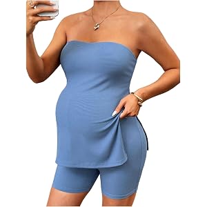 Milumia Women's Maternity 2 Piece Outfit Strapless Split Ribbed Tube Top High Waisted Shorts Sets