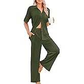 Kikibell Womens Pajama Sets 2 Piece Outfits Lounge Pjs Waffle Knit Sleepwear Button Down Shirts Wide Leg Pants with Pockets