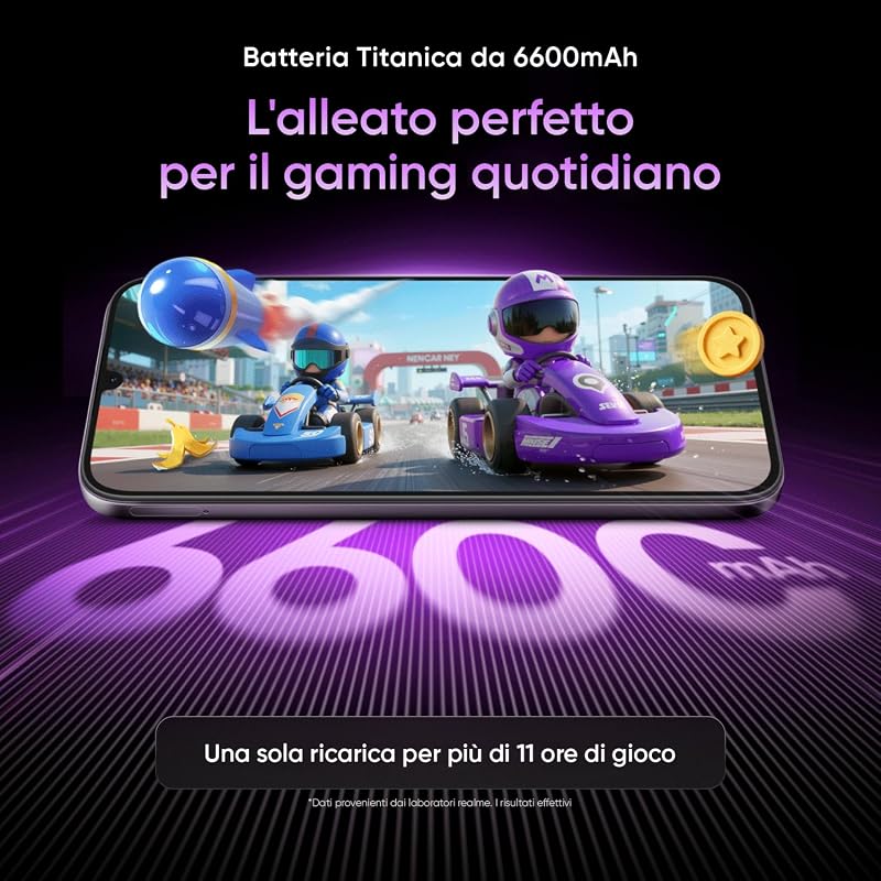 Smartphone realme P4 Lite 4G, 4GB+128GB, Display LCD HD 120Hz 6,8", Batteria Titan 6600mAh, Ricarica 15W, Ricarica inversa 6W, IP64, Sistema Next AI, Viola Pulse (Senza caricabatterie)