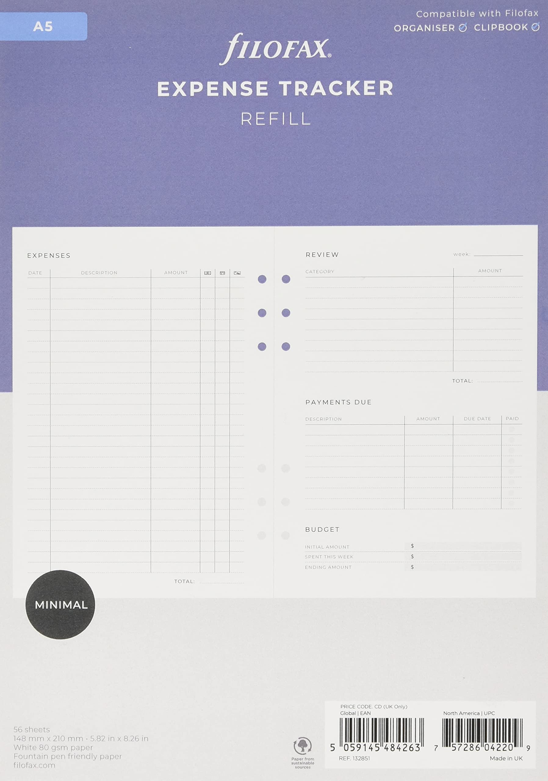 Filofax A5 Organiser Expense Tracker Refill, White