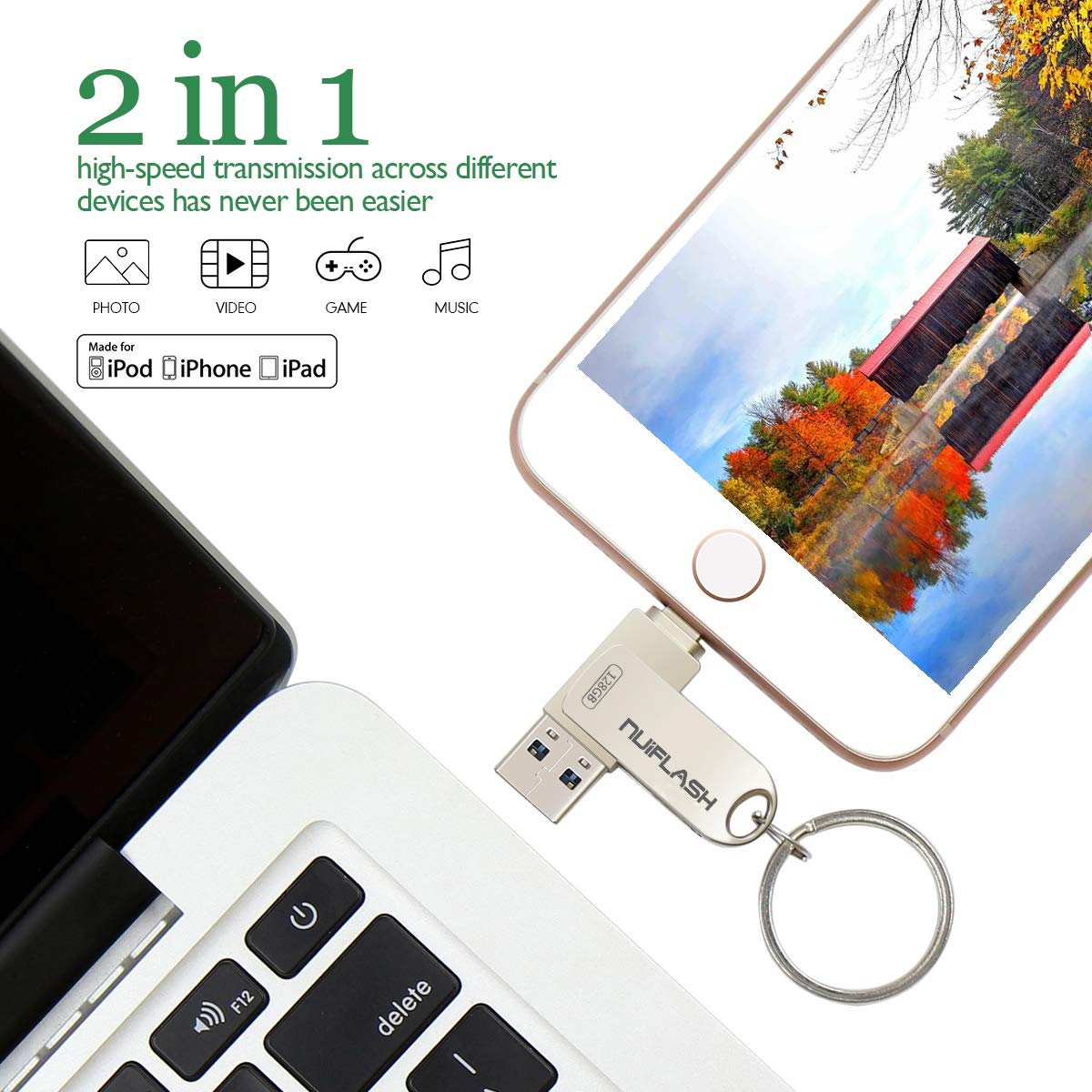 128GB Flash Drive for iPhone Photo Stick Memory Stick USB 3.0 External Storage nuiflash Thumb Drive Compatiable with iPhone/iPad/Mac (128GB-Silver)