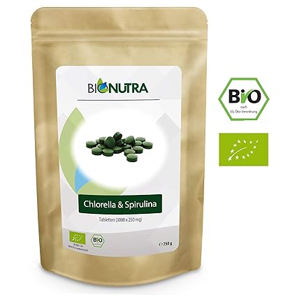 BioNutra Chlorella-Spirulina-Presslinge Bio 750 g, 3000 x 250 mg Mix-Tabletten, ohne Zusätze, rückstandskontrolliert, aus kon