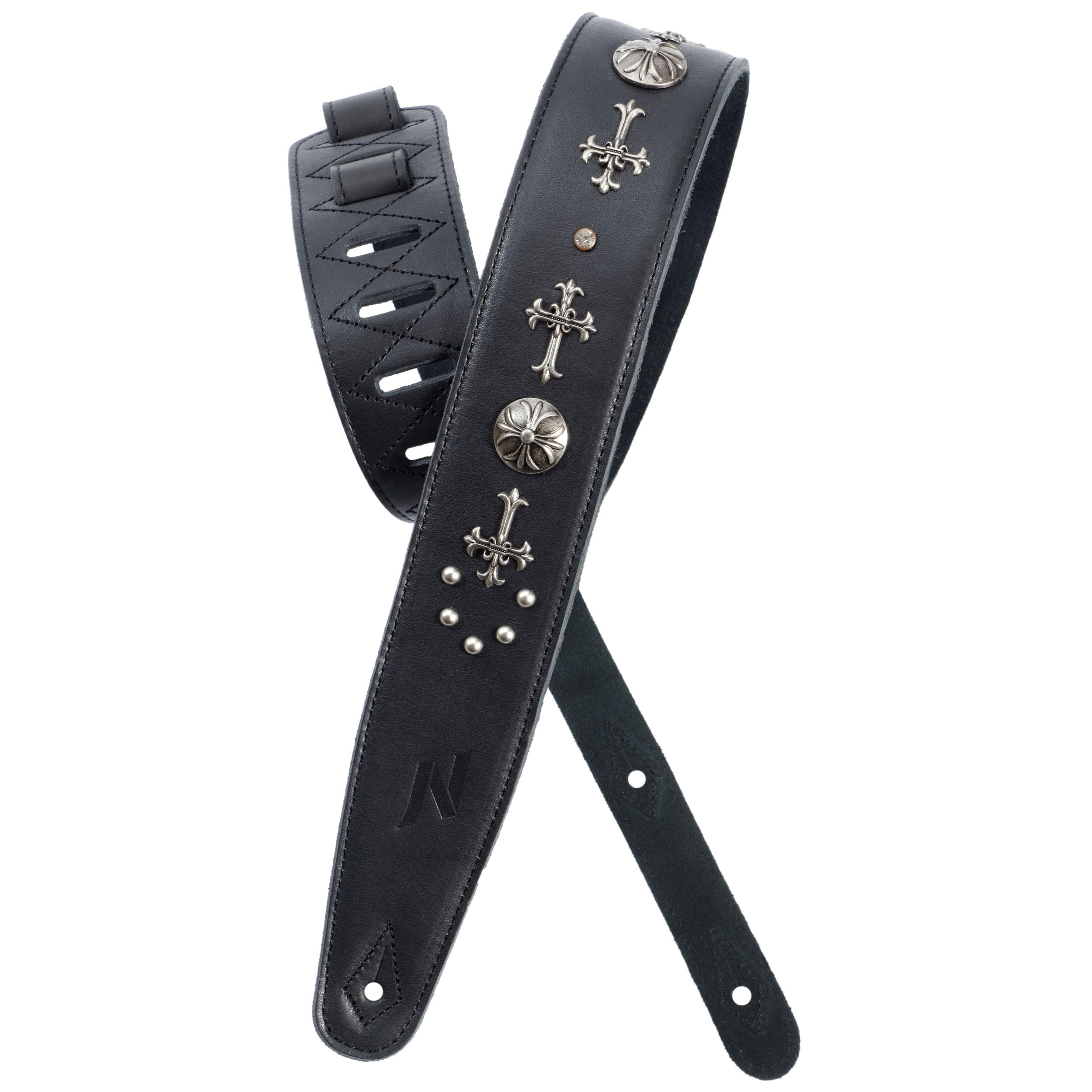 Nefelibata Full Grain Leather Guitar Strap with Foam Padded with Cross Silver Rivets for Electric, Acoustic and Bass Guitars (2.5" Wide, Carbon Black)