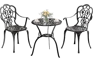 Z1UVDFUR Patio Bistro Set of 2, Cast Aluminum, Outdoor Set w/Umbrella Hole, 3 Piece Table and Chairs Set, Bistro Set for Backyard/Garden/Lawn, Black
