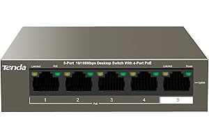 Tenda TEF1105P, 5 Port Fast Ethernet PoE Switch with 4 PoE+ Ports @58W, Unmanaged PoE Powered Switch, Plug & Play, Desktop & Wall-Mount, Fanless & Sturdy Metal, Limited Lifetime Protection