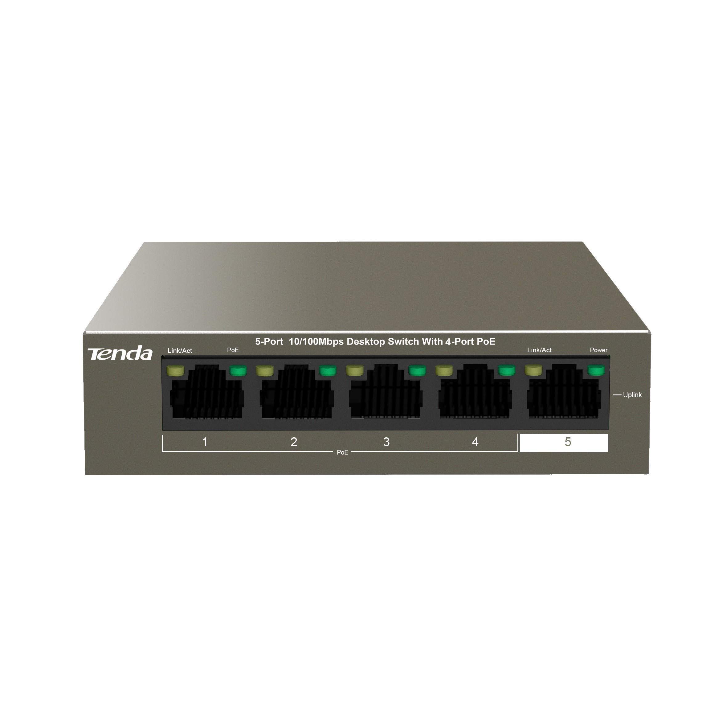 Tenda 5 port Poe Network Switch, 4 PoE Port Ethernet Internet Per port 30W, 58W for all ports, 802.3af/at Fanless Lan Switch Metal case Cool Operation Ideal for IP Camera Access Point (TEF1105P-4-63W)