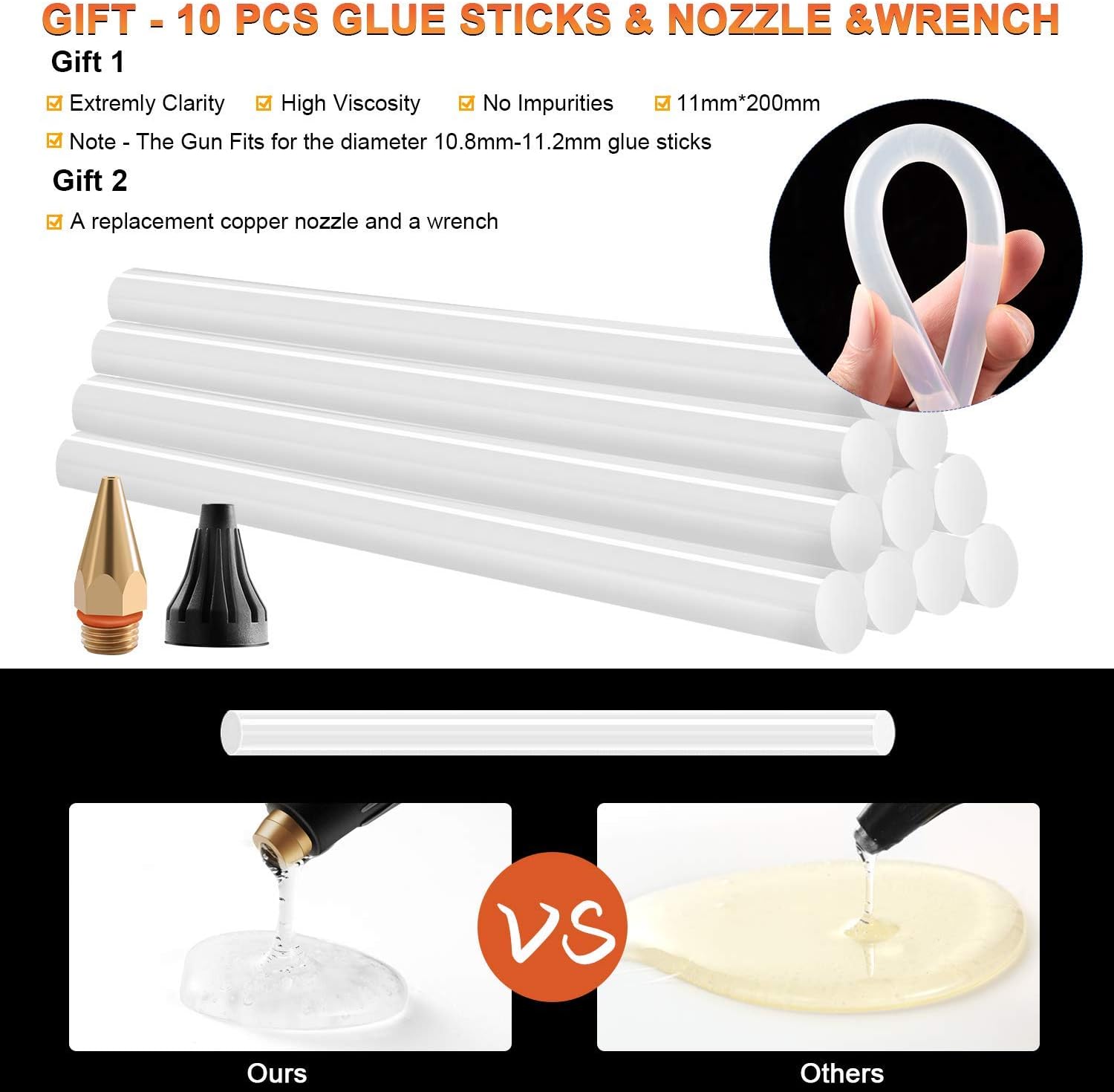 Hot Glue Gun, TangTag Full Size 60W Heavy Duty Hot Glue Gun with Replace Nozzle and 10Pcs Glue Sticks 11 200mm, with LED light Power Switch, for DIY, Arts & Crafts, Home and Office Quick Repairs - - 