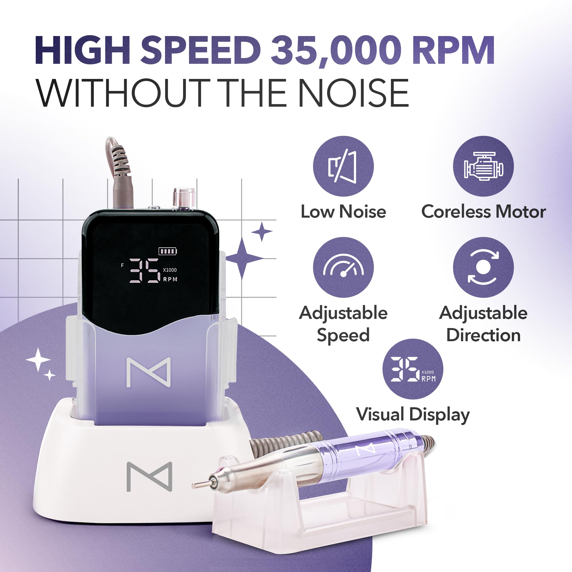 M Mase- Professional Nail Drill Machine - Coreless 2-in-1 Nail File - Electric, Cordless, 35000 RPM, HD Display - Electric Nail Drill for Professional & Home Use (Violet) - Image 2
