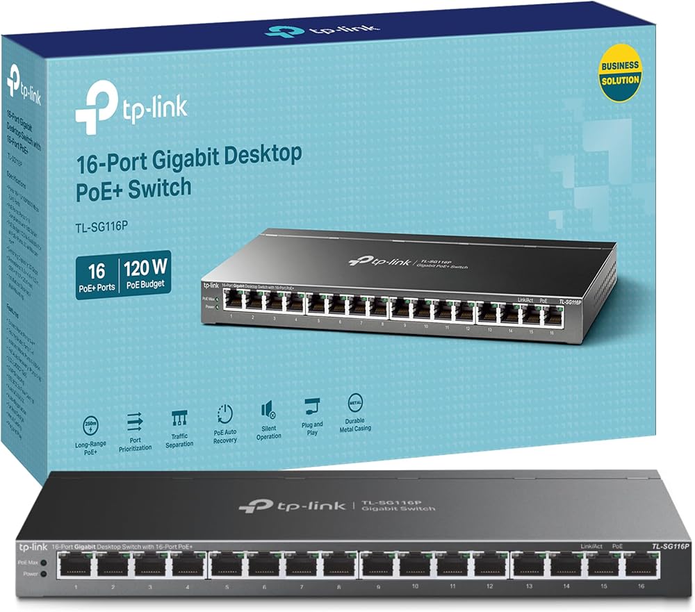 TP-Link TL-SG116P 16-Port Gigabit PoE+ Network Switch 120W Fanless