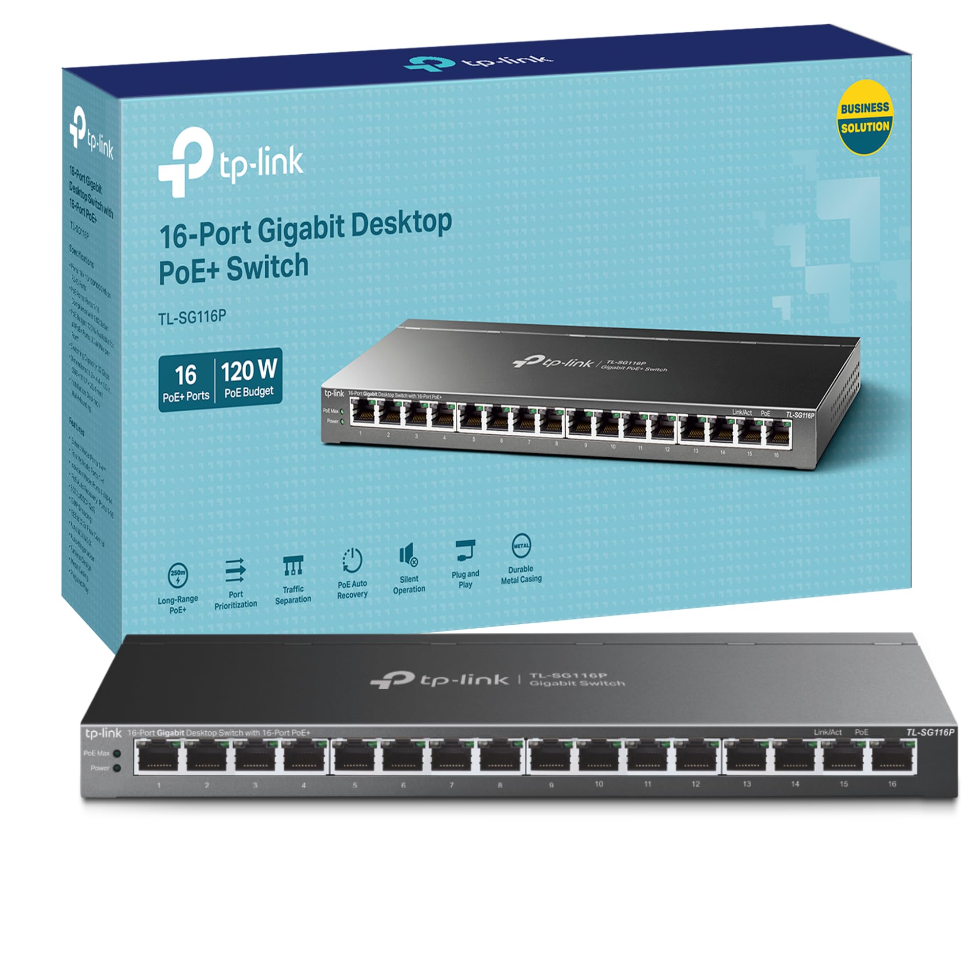 TP-Link TL-SG116P 16-Port Gigabit Desktop Network Switch, Dedicated 16-Port PoE+ Ethernet Splitter, 120 W Total Power Budget, Transmission up to 250 m, Fanless Design PoE Switch, Durable Metal Casing