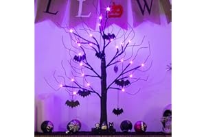 EAMBRITE Halloween Tree, 2FT Black Spooky Tree with 24 LED Purple Lights and 8 Bats, Battery Operated Cute Centerpieces Tabletop Black Tree with Timer for Halloween Decorations Indoor Home Fireplace
