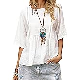 Oulivey Womens Summer Cotton Linen Half Sleeve Shirt Crewneck Loose Fit Solid Oversized Basic Tee Blouse Tops