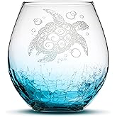 Integrity Bottles Tribal Sea Turtle Design, Stemless Wine Glass, Handmade, Handblown, Hand Etched Gifts, Sand Carved, 18oz (Crackle Turquoise)