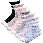 SUKBRGIR Women Fuzzy Warm Slipper Socks - 6 Pairs Super Soft Microfiber Cozy Sleeping Sock with Ruffled Cuff, Fluffy Comfortable Socks for Lounge Bedroom Winter