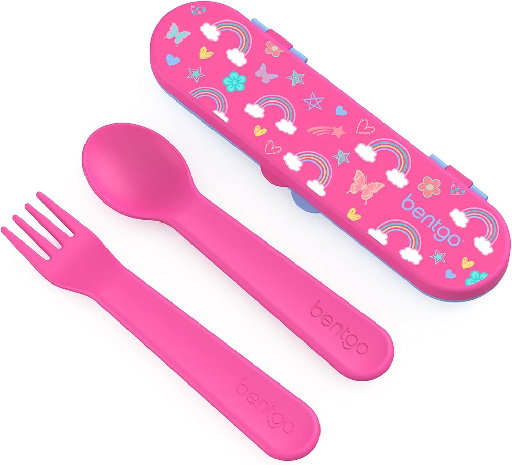 Bentgo Kids Plastic Utensil Set with Fork, Spoon, & Storage Case | Reusable, PFAS- & BPA-Free, Easy-Grip Handles, Lightweight