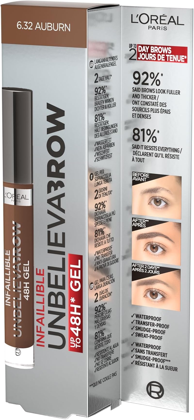 L'Oreal Paris Unbelieva'brow Long-Lasting Brow Gel Auburn 6.32 & 104 Chatain