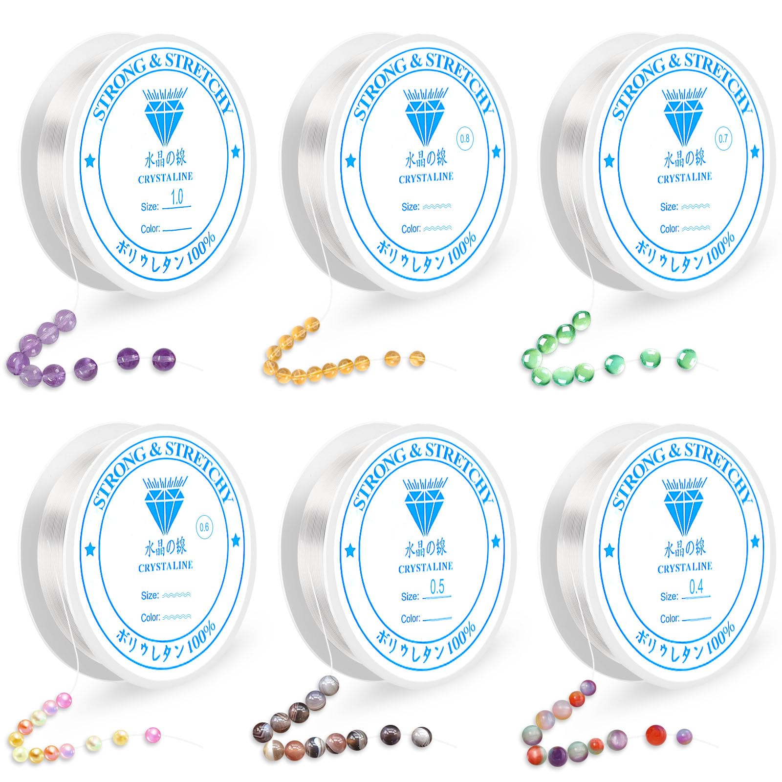 AUAUY 6 Rolls Elastic String for Bracelets, 0.4mm-1.0mm Clear Elastic Bead Threads, Bracelet Strings, Durable Bead String Cord for Clay Beads Kandi Beads DIY Bracelet Necklaces Jewelry Making