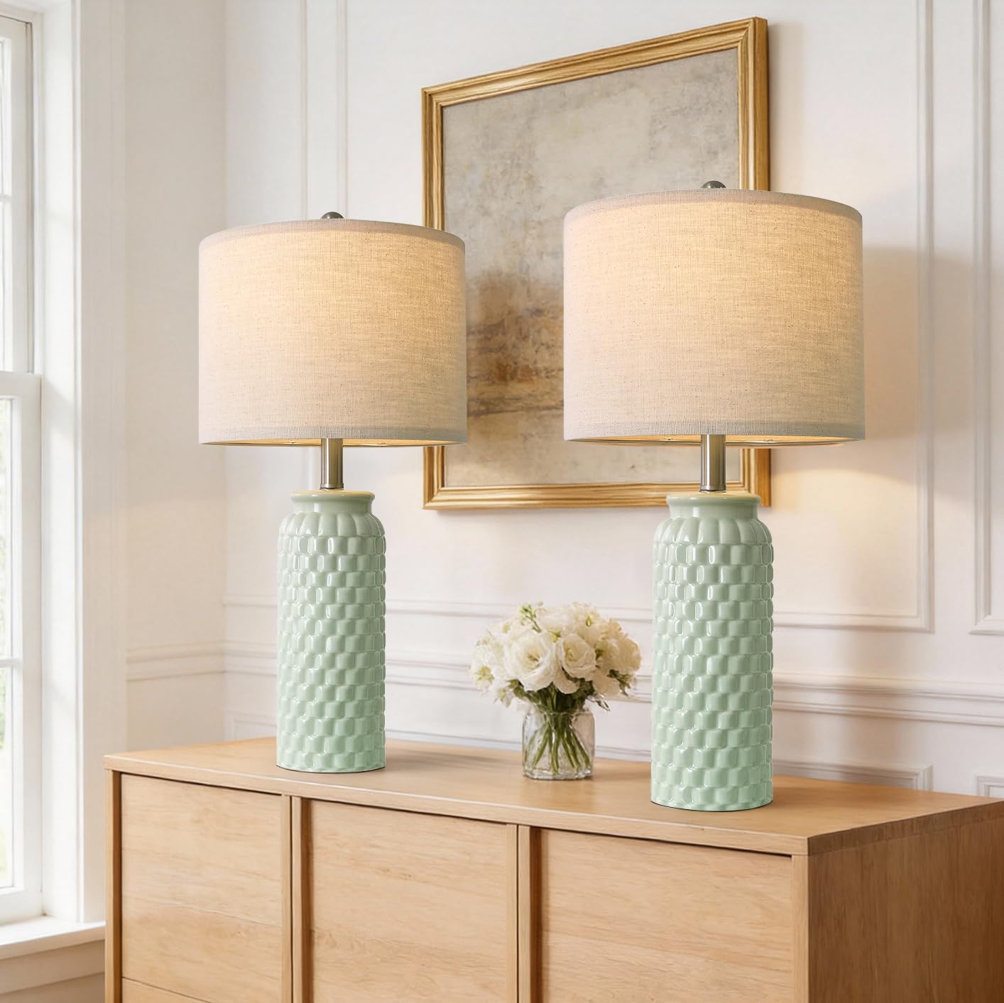 USumkky 24" Modern Ceramic Green Bedside Lamp Set of 2 Table Lamp for Bedroom Decor Farmhouse Table Lamp for Living Room Office Dorm Image