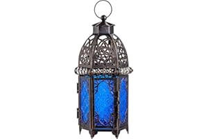 NEEDOMO Hanging Moroccan Lantern, 12.8'' Vintage Candle Holder, Metal Lanterns Decorative Indoor Outdoor, Table, Patio, Porch, Shelf, Gothic Home Decor (Blue, Large Size)