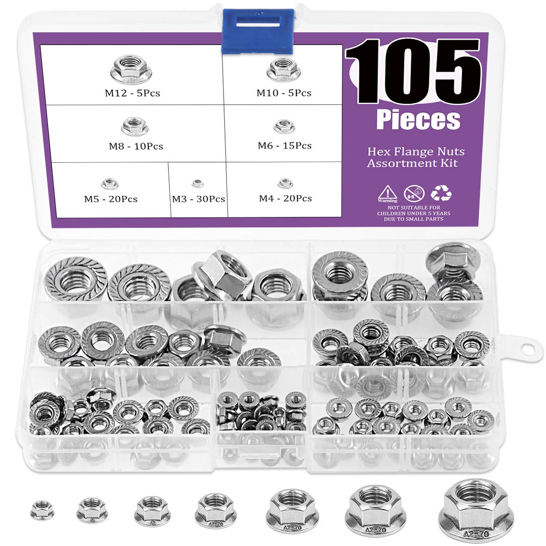 Swpeet 105Pcs 304 Stainless Steel Serrated Metric Flange Nuts Hex Lock Nuts Assortment Kit, 7 Sizes - M3 M4 M5 M6 M8 M10 M12