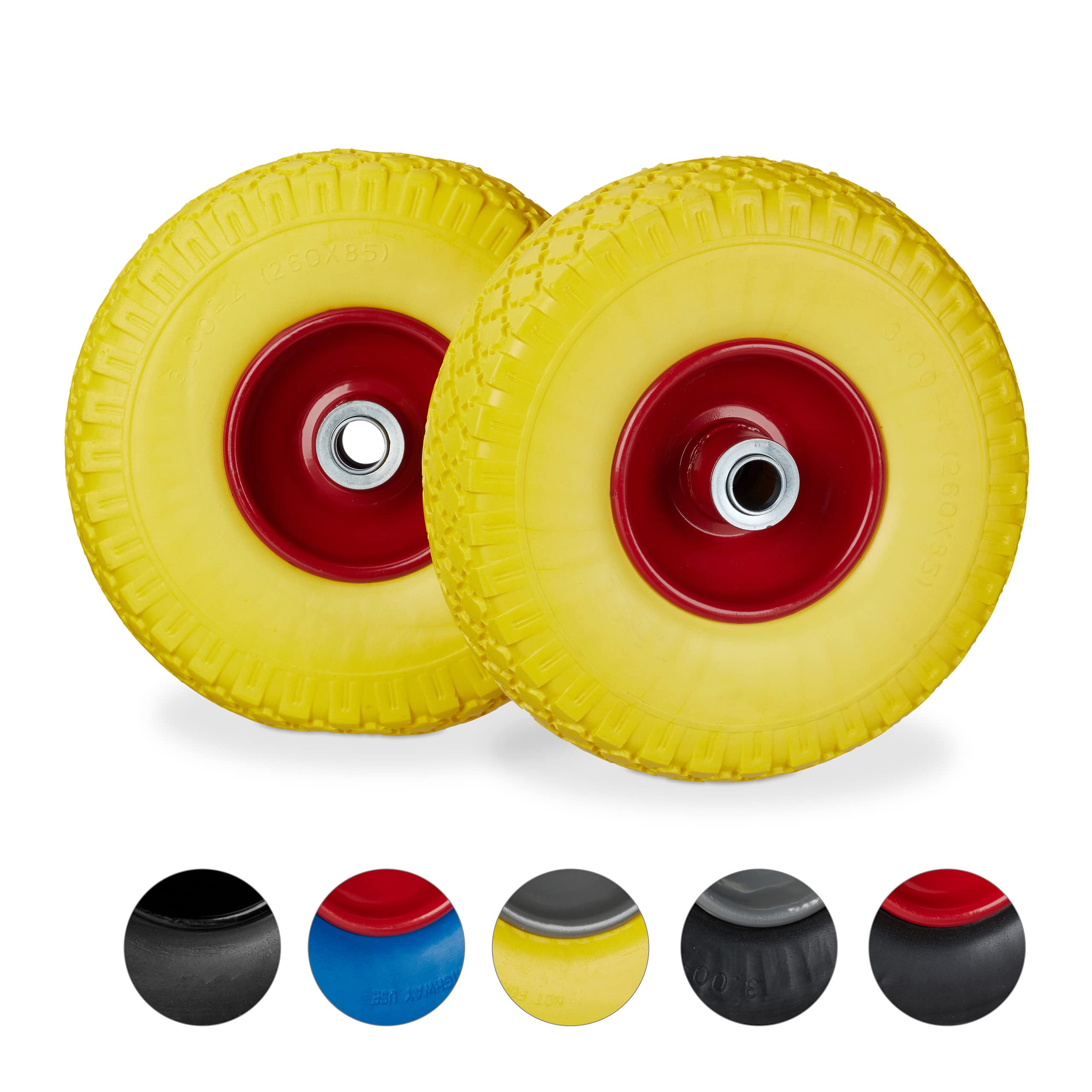 Relaxdays 2 x Hand Truck Tyre, Non-Flat Solid Rubber Wheels, 3.00-4”, 20mm Axle, 100 kg, 260 x 85 mm, Yellow-red