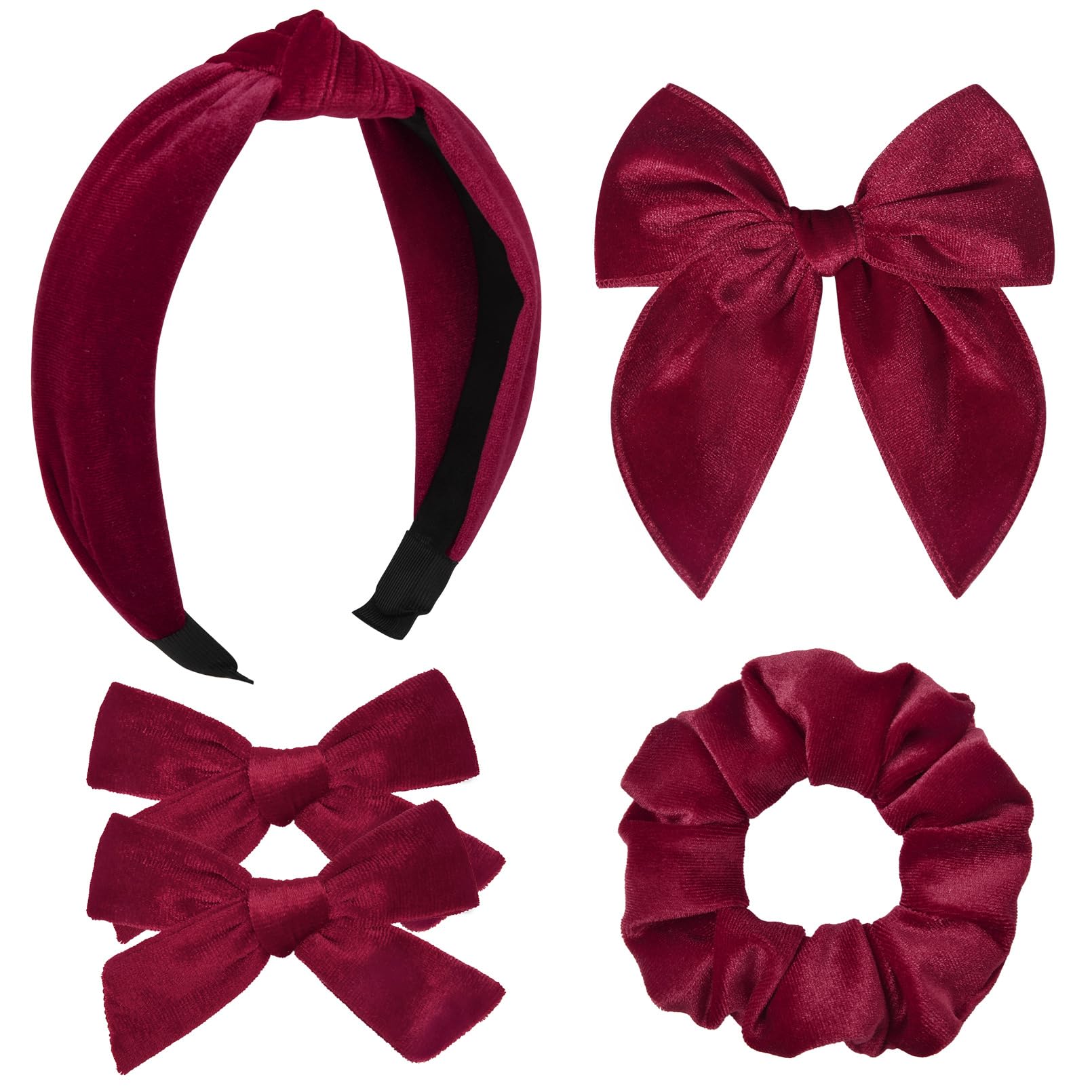 Photo 1 of **MISSING HEADBAND** DEEKA Velvet Hair Bows & Knotted Headband & Scrunchy Fable Hair Bow Headband Set Velvet Scrunchies Alligator Clips for Toddler Girls & Women (Dark Red)
