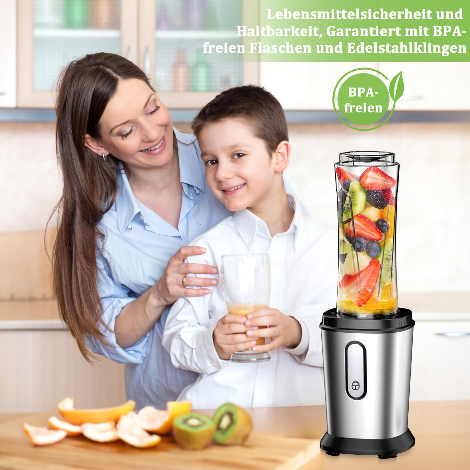 Mixer, 500W Mini Standmixer & Smoothie Maker mit 2x600ml Flaschen BPA frei Tritan, Tragbarer Mixer Smoothie Maker aus Edelstahl 4-Blatt für Shake, Smoothie, Silber 5