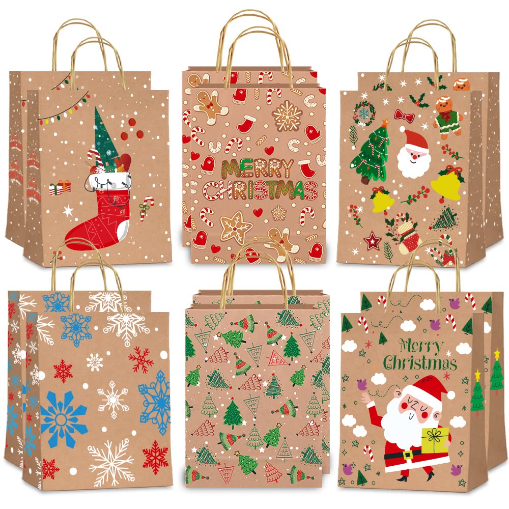 Christmas G-ift Bags Kraft Christmas Bags for Presents Christma Paper Bags with Handle 12 pcs Xmas Gift Bags for Christmes Party Gift