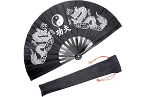 OMyTea Bamboo Large Rave Folding Hand Fan for Men/Women - Chinese Japanese Kung Fu Tai Chi Handheld Fan with Fabric Case - for Performance, Decorations, Dancing, Festival, Gift (Double Dragons)