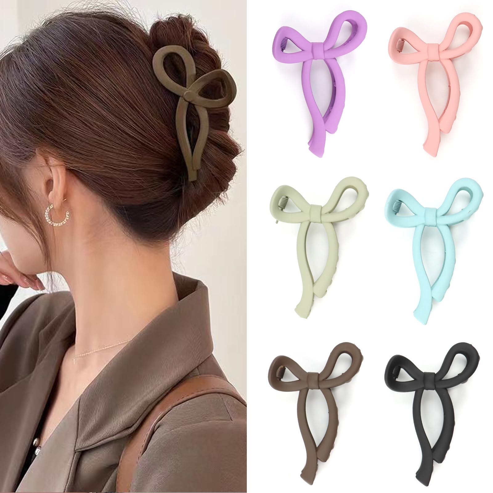 QEEYON Large Hair Claw Clips for Thick and Thin Long Hair 3.94 Inch(10 cm) Pack of 6 Matte Bow Claw Clips for Women Fashion Hair Styling Accessories Hair Clips