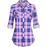 DJT Womens Soft Stretchy Knit Plaid Shirts Roll Up Long Sleeve Collared Button Down Blouses Tops