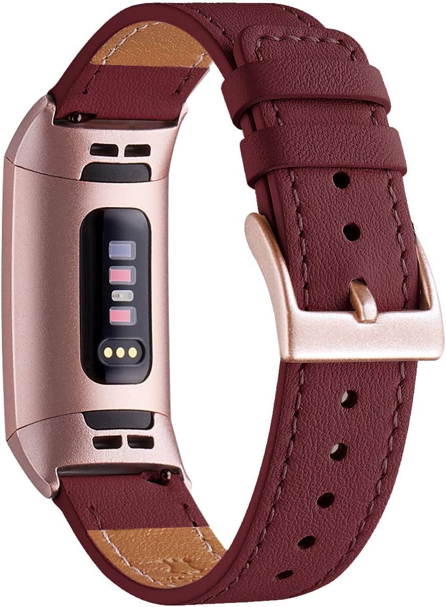 WFEAGL Strap Compatible for Fitbit Charge 3 Strap/Fitbit Charge 4 Strap Leather,Classic Adjustable Replacement Sport Fitness Wristband for Men Women (Wine Band+RoseGold Adapter)