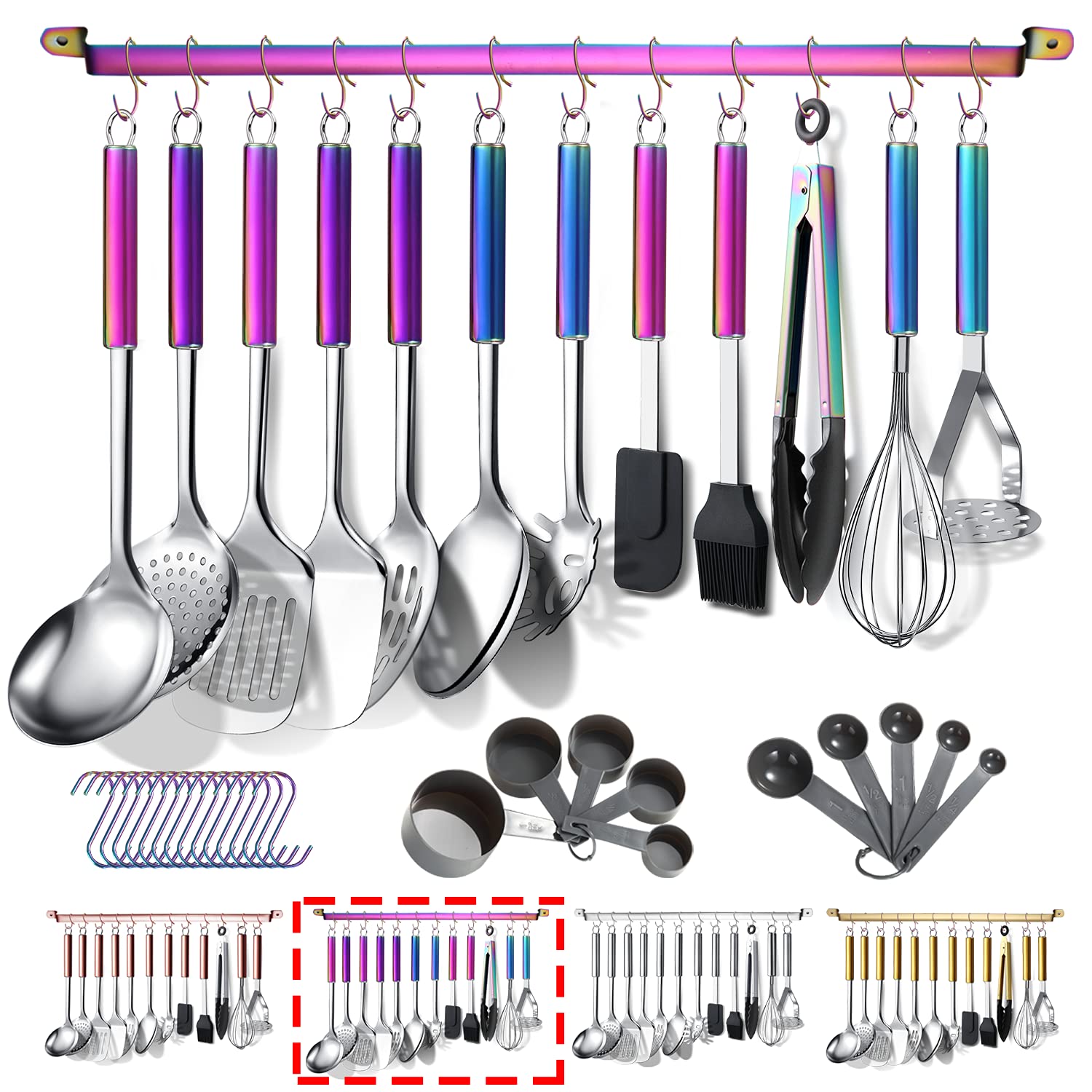 Berglander-Juego-de-Utensilios-de-Cocina-Rainbow-38-Piezas-de-Acero-Inoxidable-con-Soporte-para-Utensilios-y-Ganchos