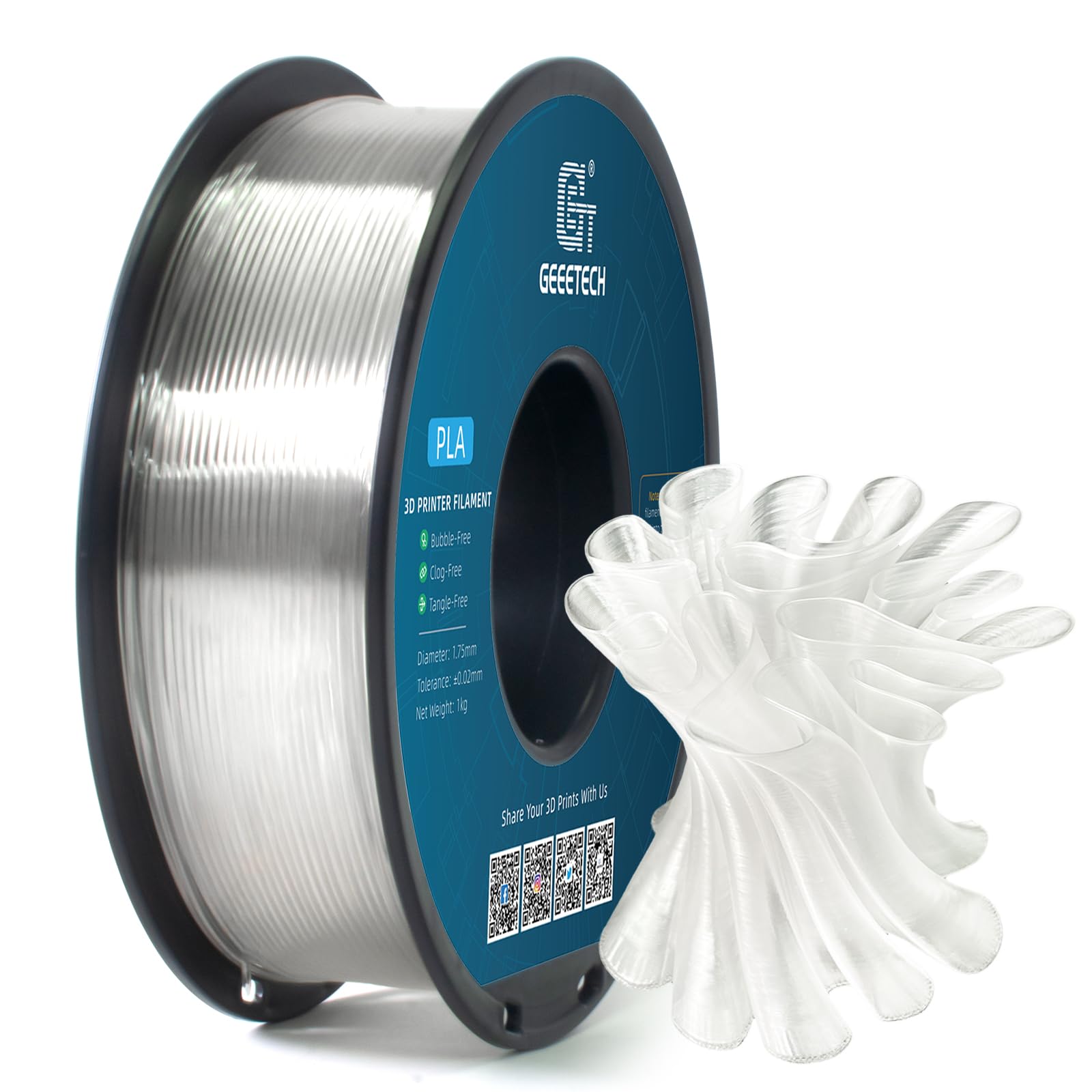 PLA Filament 1.75mm, GEEETECH New 3D Printing Filament PLA for 3D Printer and 3D Pen, 1kg 1 Spool (Transparent)