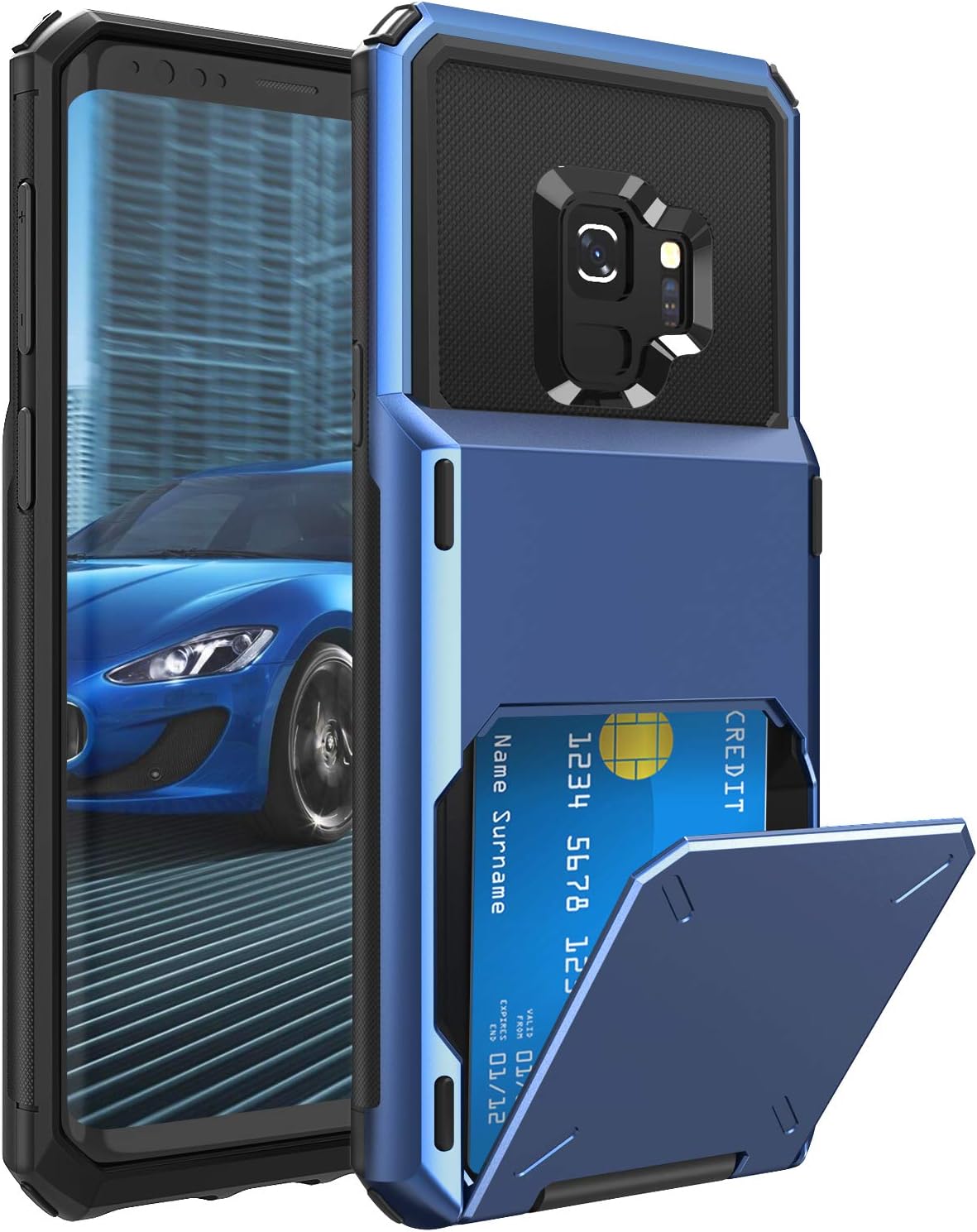 ELOVEN Wallet Card Series for Galaxy S9 Case with Card Slot Hidden Credit Card ID Cover Shock Absorption Heavy Duty Drop Protection Rugged Bumper Protective Cover for Samsung Galaxy S9,Navy Blue