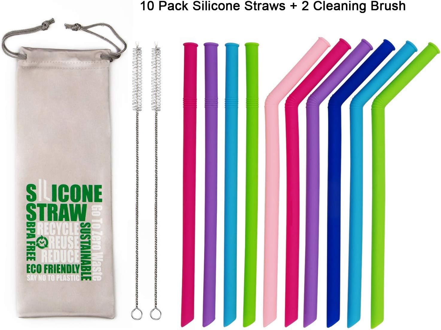 10 Pack Reusable Silicone Straws + 2 Cleaning Brush, Collapsible Drinking Straw Set, Smoothie Drink Straws Regular Size for 20 30 & 40 Oz Tumbler, Ideal for Babies Toddlers Kids Adults