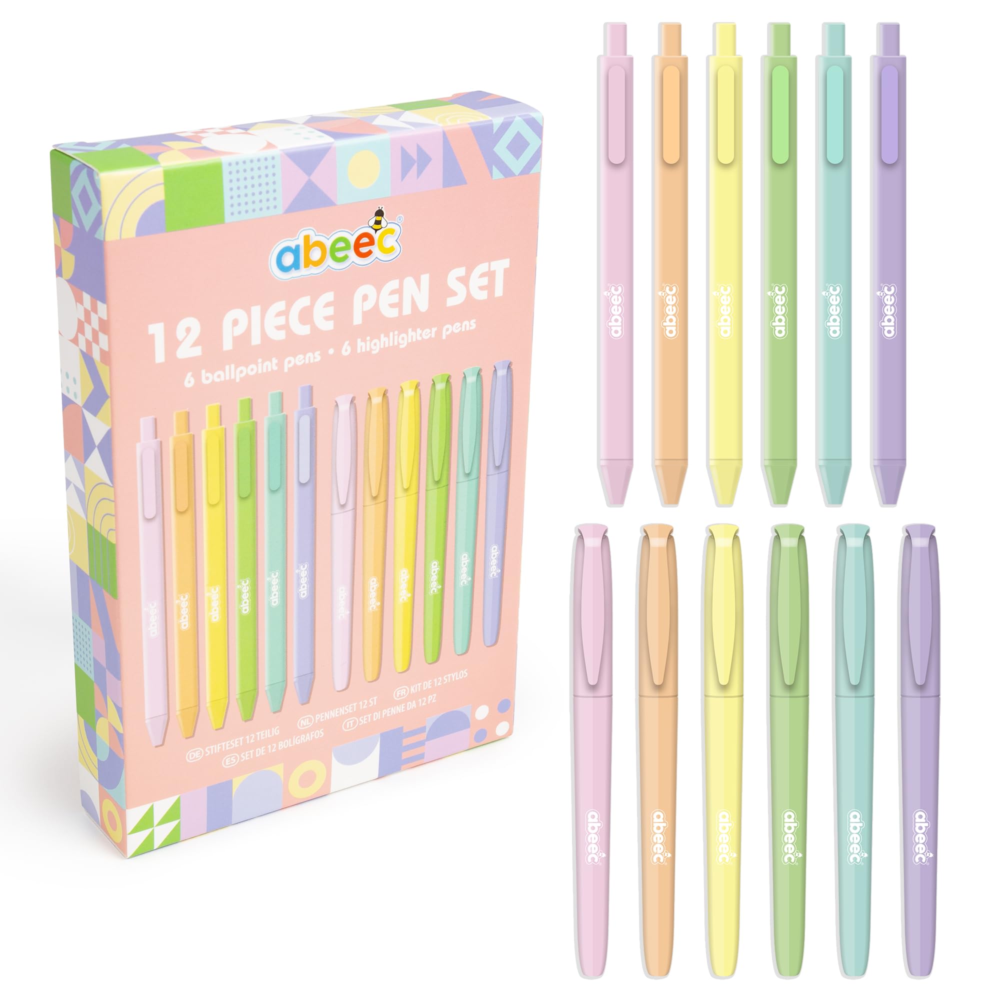 Abeec 12-Pack Set: 6 Black Ink Ballpoints & 6 Pastel Highlighters, Ideal School Stationery for Teachers and Students
