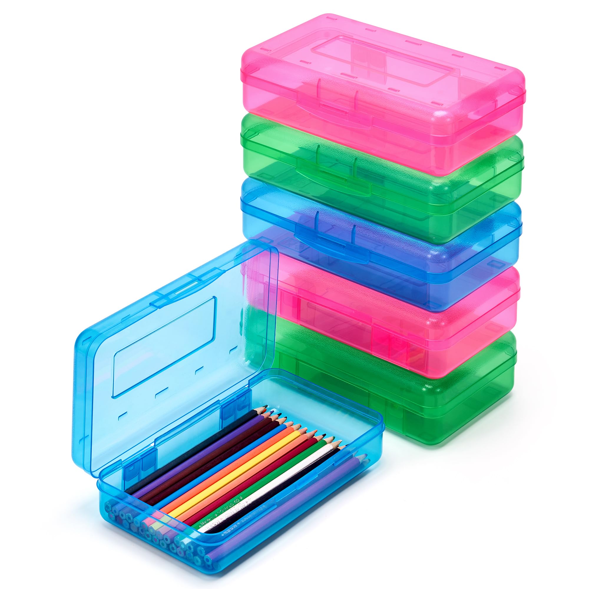 GAMENOTE Plastic Pencil Box with Personalized Sticker,Kids Large Hard Pencil Case with Snap-tight Lid,Clear Crayon Maker Organizer,Small Art Craft Storage Containers,School Supplies Box for Boys,Girls