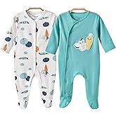 Minicoco Baby Boy Footed Romper pack of 2，100% Cotton Snap Footies for 0-12 Months, Cute patterns Baby Boy Clothes