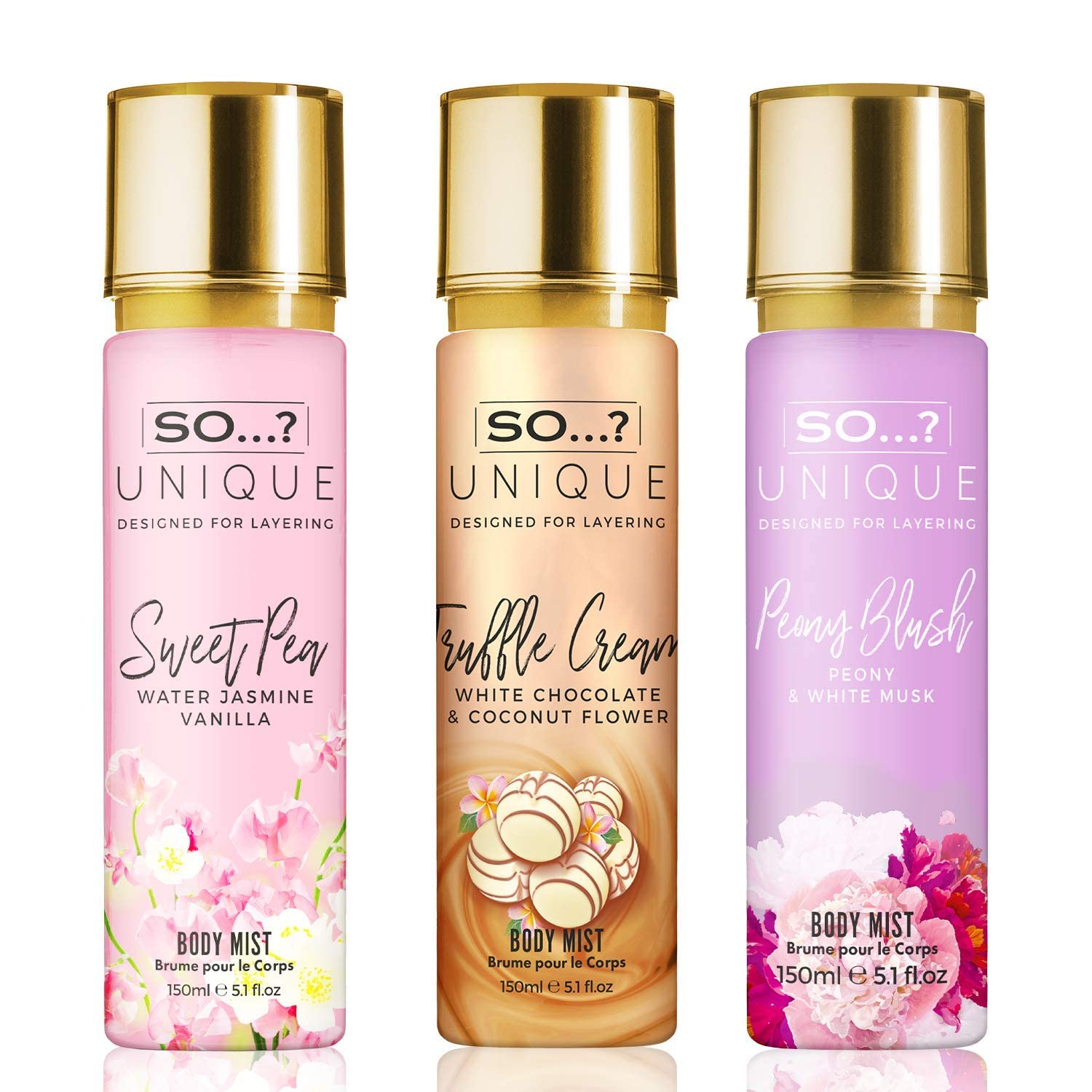 So…? Unique Womens Pink Bouquet Bundle Sweet Pea, Truffle Cream, Peony Blush Body Mist Spray Mixed Fragrance Bundle 150ml (Pack of 3)