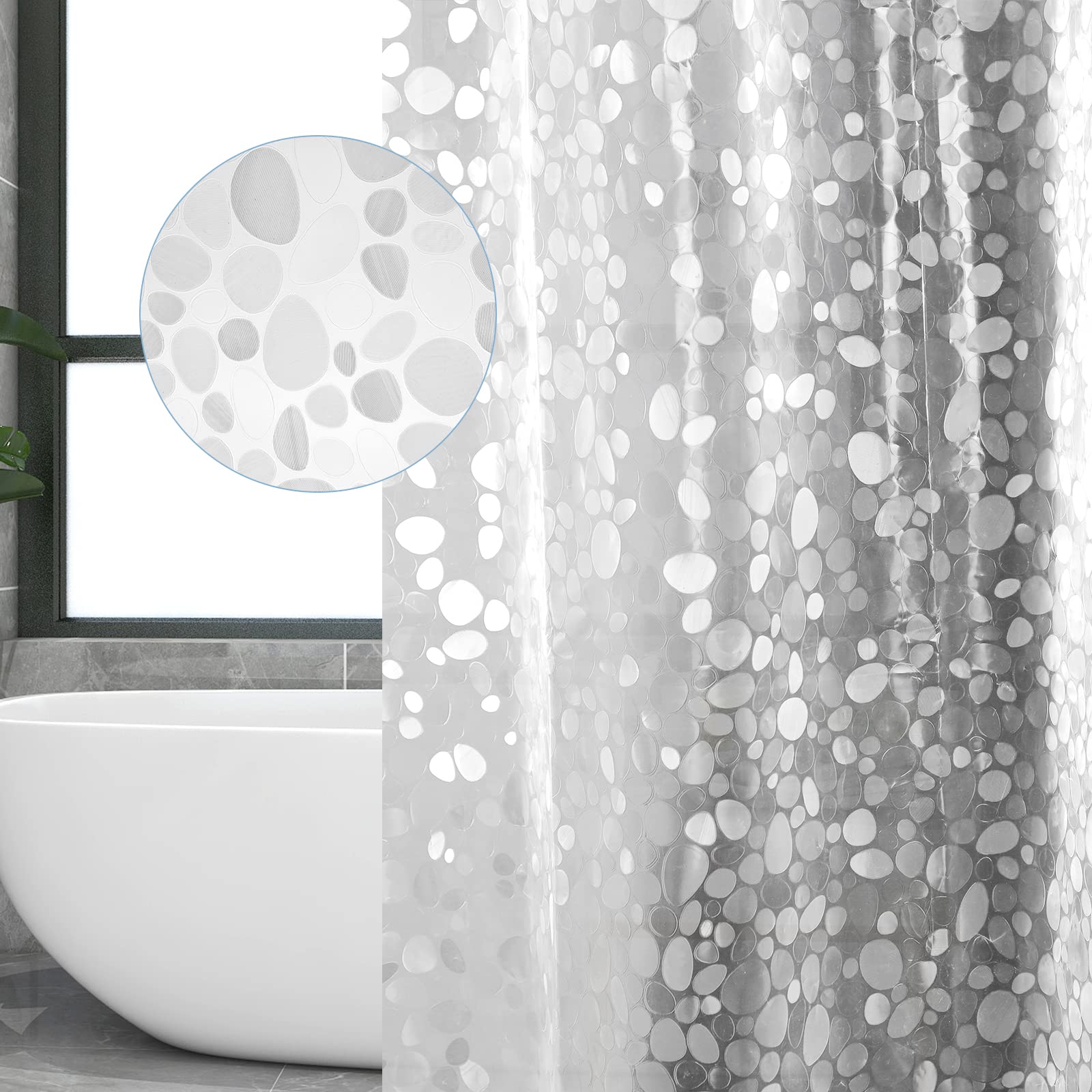 Miorkly Shower Curtain Transparent,Mould Proof Resistant Waterproof,EVA Weighted Hem(3 Magnets) Andstainless Steel Buttonholes, Bathroom Curtains with 12 Hooks,thickness 13mm,71 x 71 Inch,Cobblestone — image 1