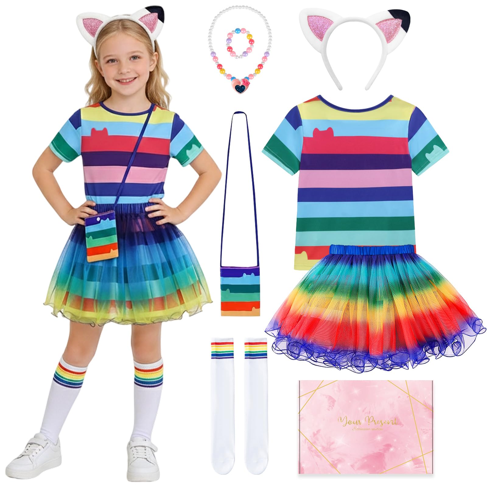 TOLOYE Princess Costumes for Girls, Rainbow Tutu Dress Birthday Girl Outfit Set Costumes with Blue T-Shirt, Tutu Skirt Cat Necklace Set, Princess Dress for Birthday Halloween Carnival Cosplay (130)
