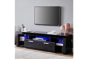 Nrizc Black LED TV Stand for 75 Inch TV, High Gloss TV Entertainment Center with Storage Drawer, TV Console Table for Living Room, Bedroom