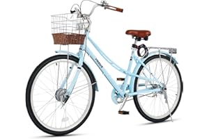 VIRIBUS BIKES Viribus Beach Cruiser Bike for Women, Step Through Womens Bike with Ratten Basket & Rack, 24 26 inch 1 Speed, City Commuter Adult Bicycle for Short Ladies Female Seniors 330 lb.