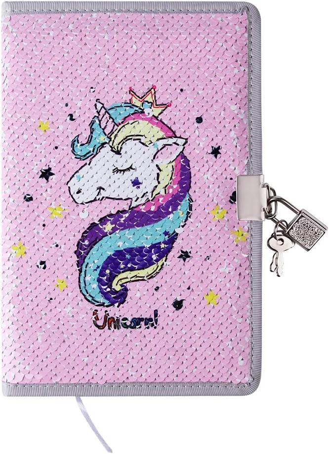 PojoTech Unicorn Magic Flip Reversible Sequin Notebook Reversible Glitter Journal Secret Diary with Lock Gift for Adults and Kids (Pink)