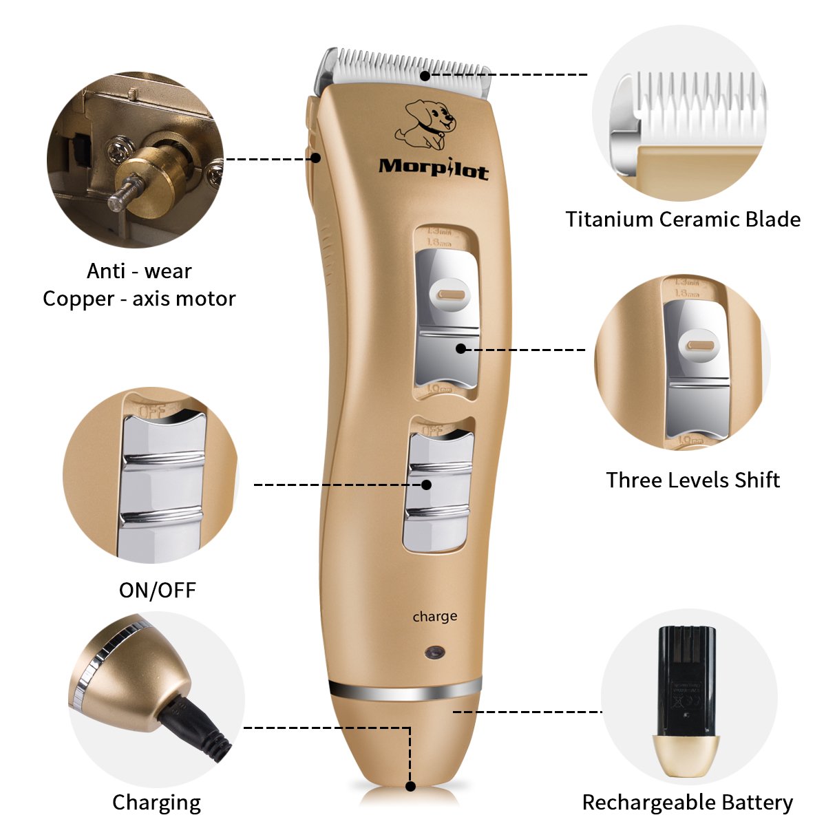 morpilot Tondeuse Chien Chat Tondeuse Animaux Electrique Professionnelle sans Fil Rechargeable USB Rasoir Toilettage Animaux Clippers avec Ciseaux et Peigne Acier et Multi Accessoires