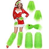 Knitgrip 3 Pcs Christmas Big Monster Santa Costume for Women with Green Fuzzy Faux Leg Warmers Green Hand Gloves Furry Hair Bow for Adult Outfit Accessories
